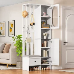 Meuble d'entrée - Vestiaire Blanc en Bois et Verre Trempé, 2 Armoires, 1 Tiroir, 10 Compartiments, avec Banc , 85x33,5x200 cm