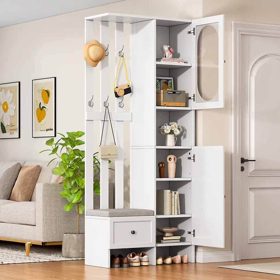 Meuble d'entrée - Vestiaire Blanc en Bois et Verre Trempé, 2 Armoires, 1 Tiroir, 10 Compartiments, avec Banc , 85x33,5x200 cm