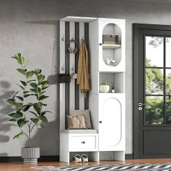 Meuble d'entrée - Vestiaire Blanc en Bois et Verre Trempé, 2 Armoires, 1 Tiroir, 10 Compartiments, avec Banc , 85x33,5x200 cm