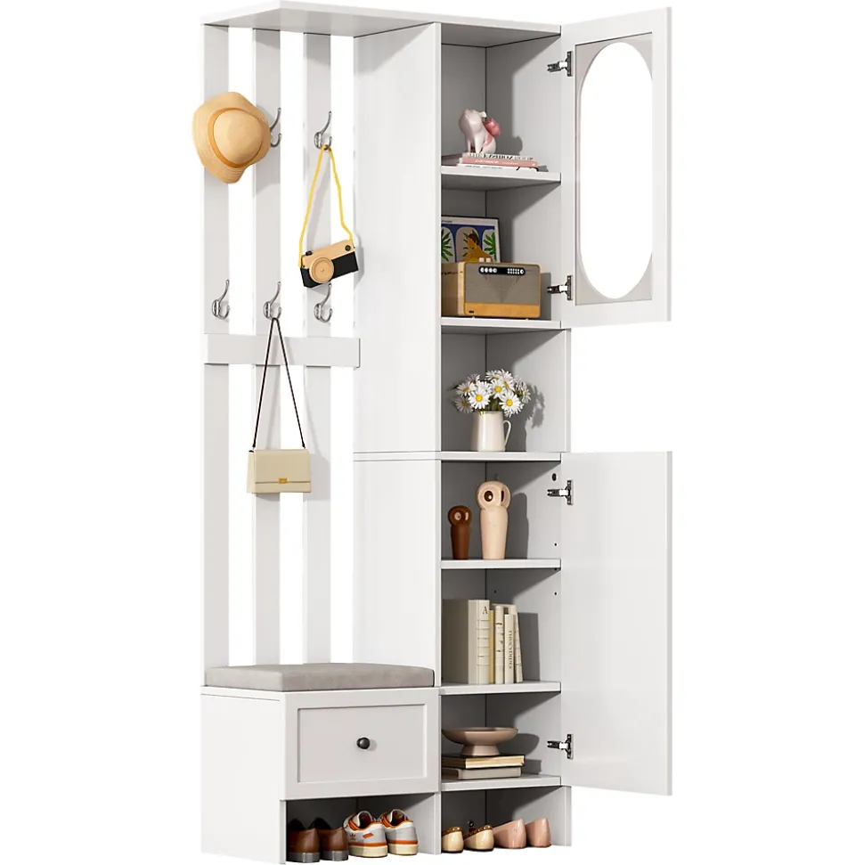Meuble d'entrée - Vestiaire Blanc en Bois et Verre Trempé, 2 Armoires, 1 Tiroir, 10 Compartiments, avec Banc , 85x33,5x200 cm