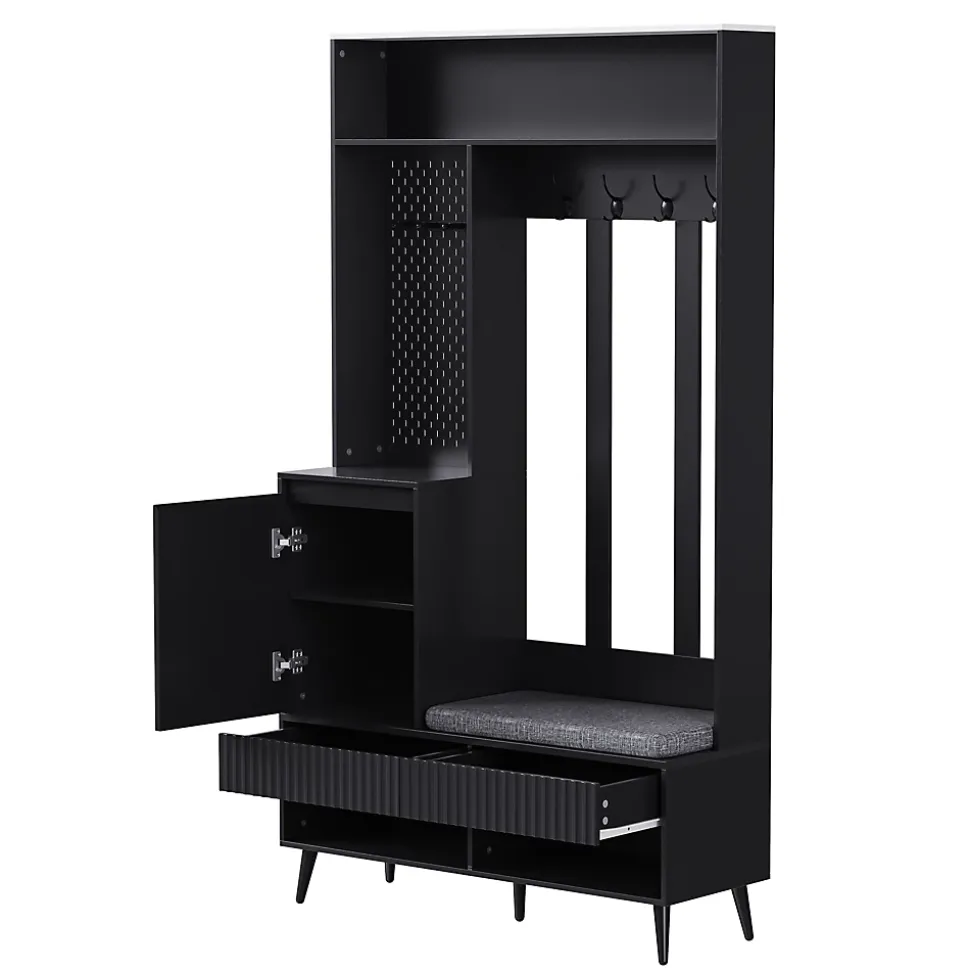 Meuble d'entrée - Vestiaire d'entrée avec Banc à Chaussures, 4 Crochets et 2 Tiroirs, Meuble entrée MDF - 100x35x180 cm, Noir