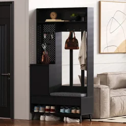 Meuble d'entrée - Vestiaire d'entrée avec Banc à Chaussures, 4 Crochets et 2 Tiroirs, Meuble entrée MDF - 100x35x180 cm, Noir