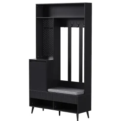 Meuble d'entrée - Vestiaire d'entrée avec Banc à Chaussures, 4 Crochets et 2 Tiroirs, Meuble entrée MDF - 100x35x180 cm, Noir