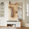 Meuble d'entrée - Vestiaire d'entrée 120x40x200 cm avec Miroir, 2 Tiroirs, 4 Crochets et Banc Rembourré, MDF, Blanc/Naturel