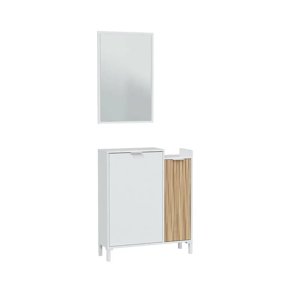 Meuble d'entrée Alambicco, Entrée 2 portes, Armoire avec miroir, Rangement multifonctionnel, 77x24h91 cm, Blanc et Chêne