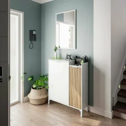Meuble d'entrée Alambicco, Entrée 2 portes, Armoire avec miroir, Rangement multifonctionnel, 77x24h91 cm, Blanc et Chêne