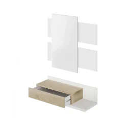 Meuble d'entrée Anro, Entrée suspendue avec miroir, Meuble d'entrée avec tiroir, 75x29h90 cm, Blanc et Chêne