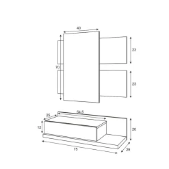 Meuble d'entrée Anro, Entrée suspendue avec miroir, Meuble d'entrée avec tiroir, 75x29h90 cm, Blanc et Chêne