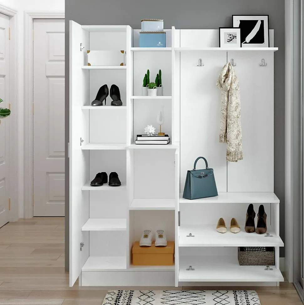 Meuble d'entrée Anumali, Crochet d'entrée, Composition pour l'atrium, Console de rangement multifonction, 140x37h182 cm, Blanc