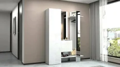 Meuble d'entrée Arabelle, Armoire multifonctionnelle avec 2 portes, Cintre mural avec 2 miroirs, 140x35h190 cm, Blanc