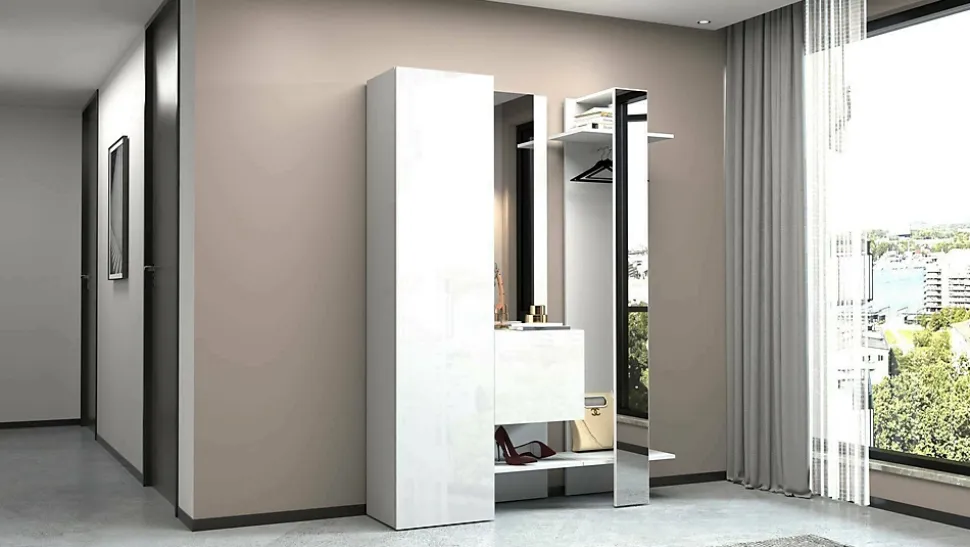 Meuble d'entrée Arabelle, Armoire multifonctionnelle avec 2 portes, Cintre mural avec 2 miroirs, 140x35h190 cm, Blanc