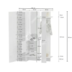 Meuble d'entrée Arabelle, Armoire multifonctionnelle avec 2 portes, Cintre mural avec 2 miroirs, 140x35h190 cm, Blanc