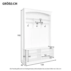 Meuble d'Entrée avec Banc et 3 Crochets pour Manteaux - Meuble de Rangement Multifonction avec Étagères, Blanc- 120x40x190 cm