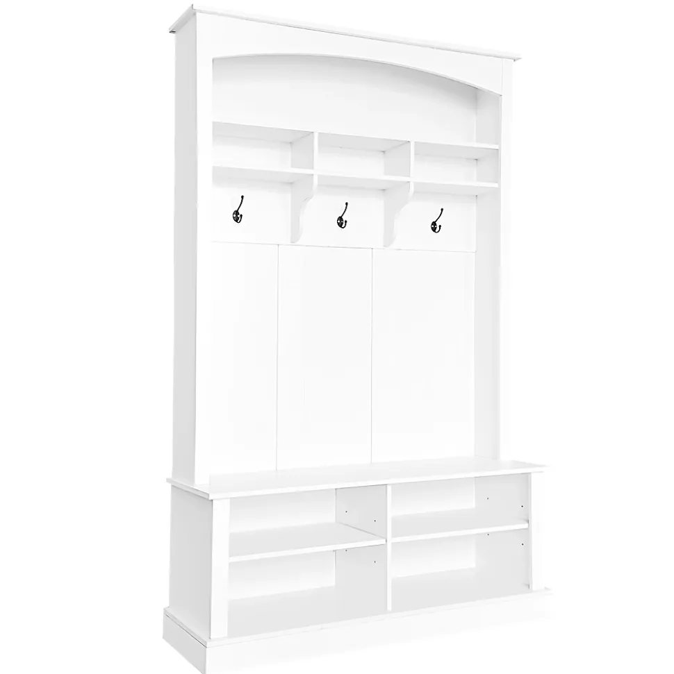 Meuble d'Entrée avec Banc et 3 Crochets pour Manteaux - Meuble de Rangement Multifonction avec Étagères, Blanc- 120x40x190 cm