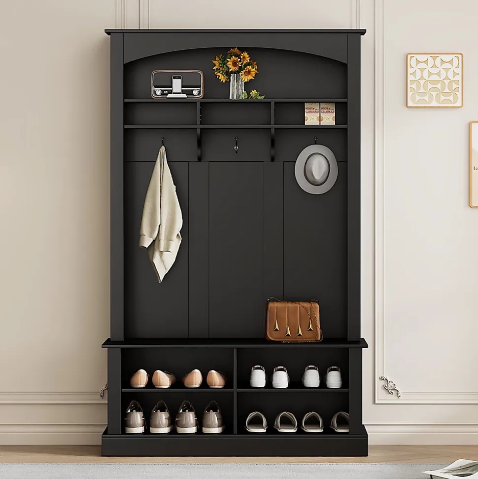 Meuble d'Entrée avec Banc et 3 Crochets pour Manteaux - Meuble de Rangement Multifonction avec Étagères, Noir- 120x40x190 cm