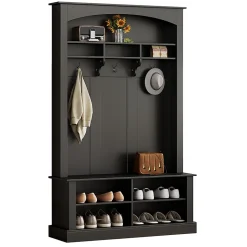Meuble d'Entrée avec Banc et 3 Crochets pour Manteaux - Meuble de Rangement Multifonction avec Étagères, Noir- 120x40x190 cm