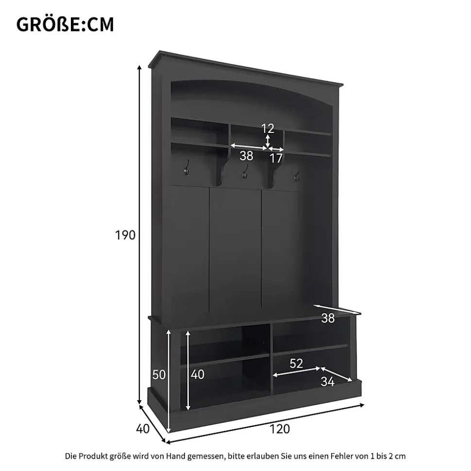 Meuble d'Entrée avec Banc et 3 Crochets pour Manteaux - Meuble de Rangement Multifonction avec Étagères, Noir- 120x40x190 cm