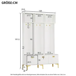 Meuble d'entrée avec Banc et 6 Patères Dorées - Portemanteau Moderne avec Rangement et Pieds Dorés - Blanc - 120x40x191 cm