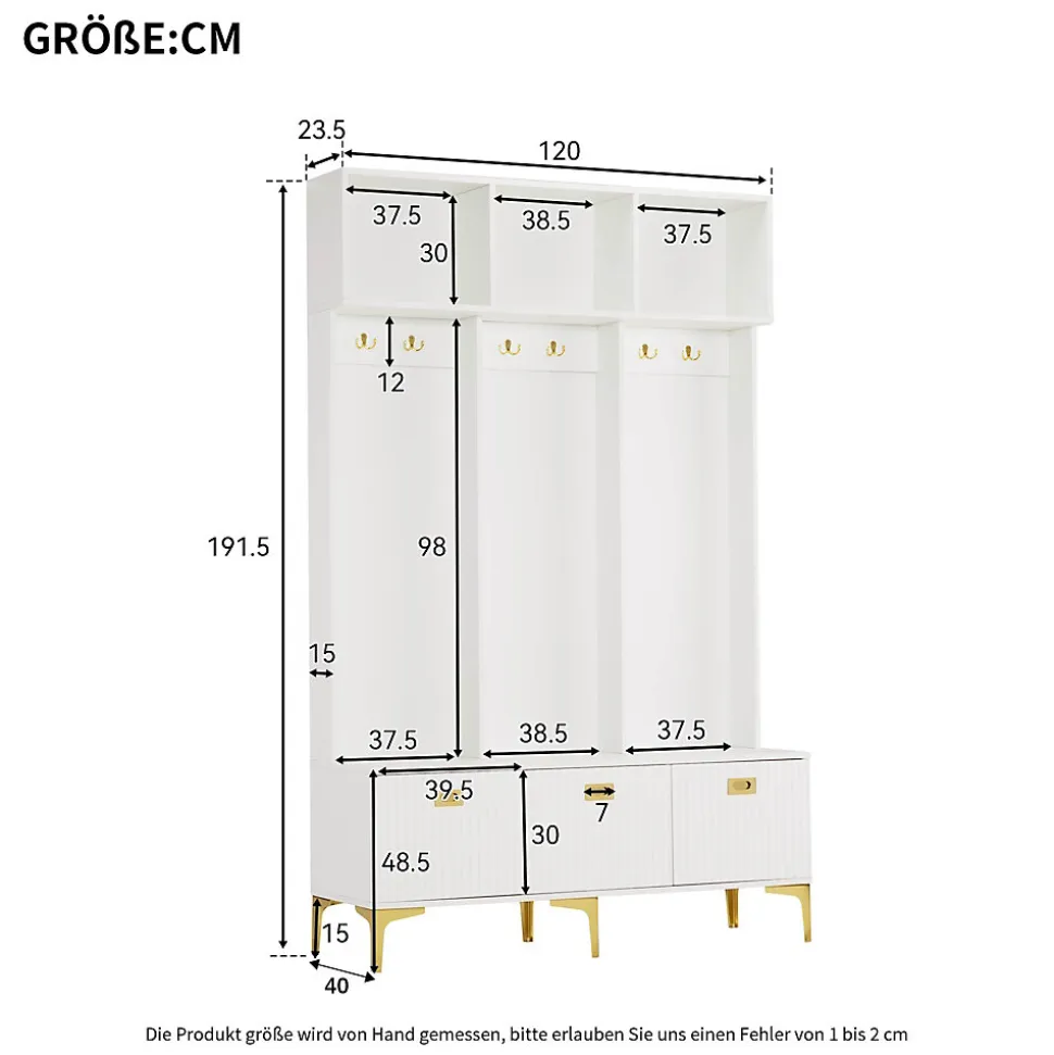 Meuble d'entrée avec Banc et 6 Patères Dorées - Portemanteau Moderne avec Rangement et Pieds Dorés - Blanc - 120x40x191 cm