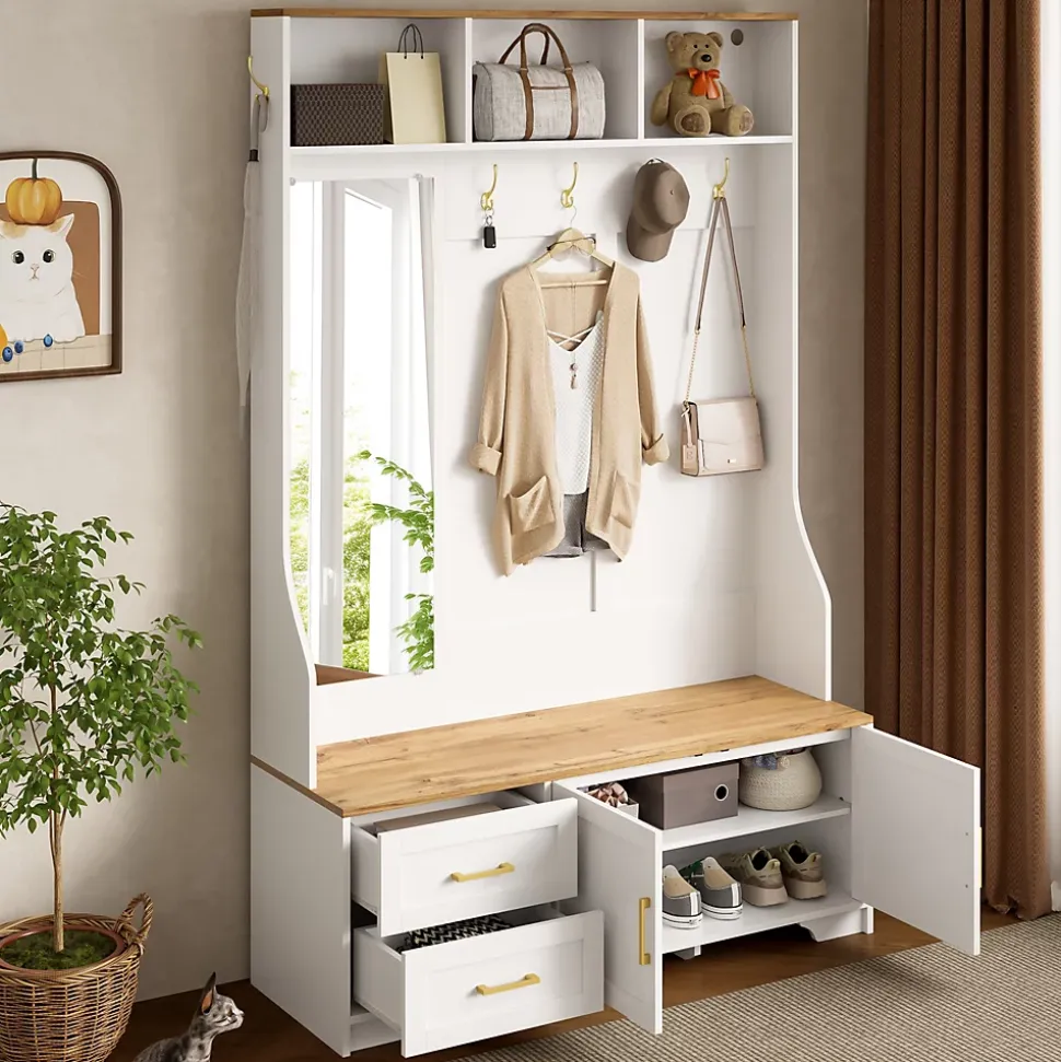 Meuble D'entrée Avec LED Et Miroir - Rangement Chaussures, Banc, Tiroirs - Moderne,blanc