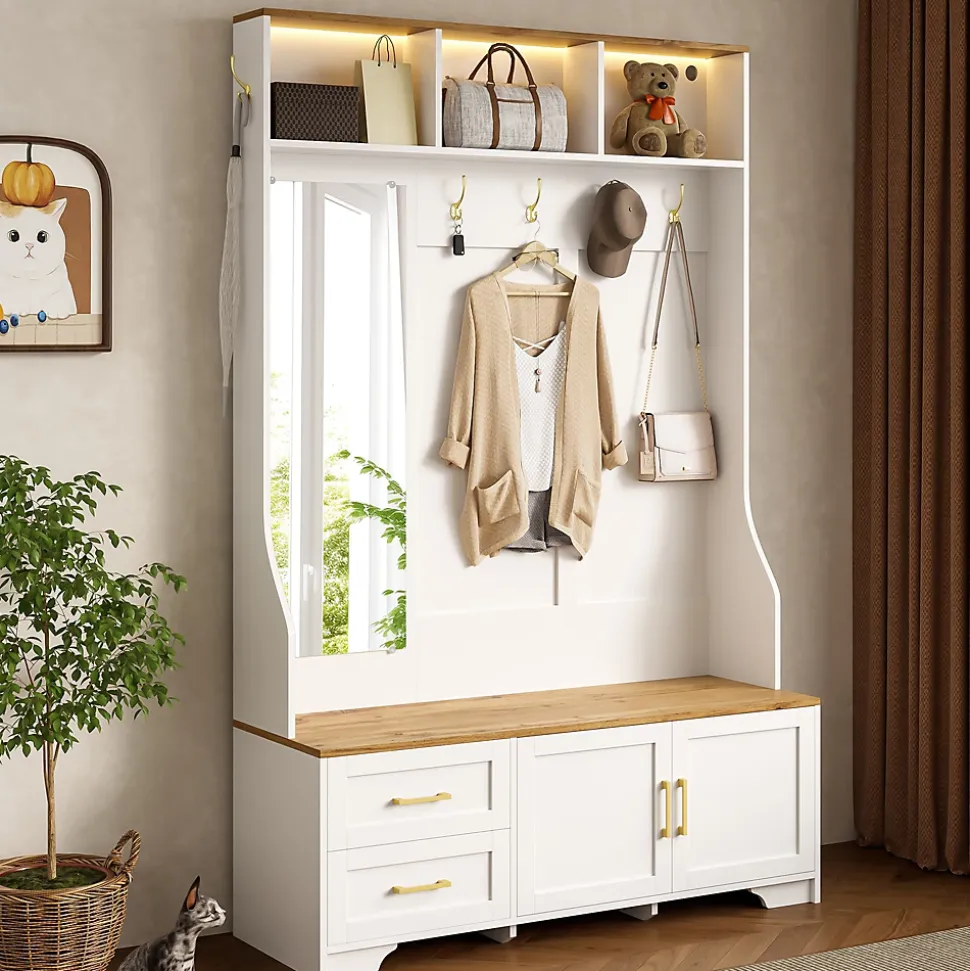 Meuble D'entrée Avec LED Et Miroir - Rangement Chaussures, Banc, Tiroirs - Moderne,blanc