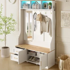 Meuble D'entrée Avec LED Et Miroir - Rangement Chaussures, Banc, Tiroirs - Moderne,blanc