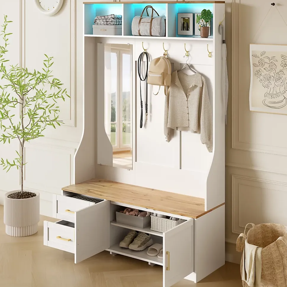 Meuble D'entrée Avec LED Et Miroir - Rangement Chaussures, Banc, Tiroirs - Moderne,blanc