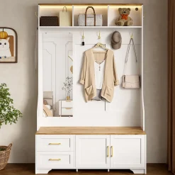 Meuble D'entrée Avec LED Et Miroir - Rangement Chaussures, Banc, Tiroirs - Moderne,blanc