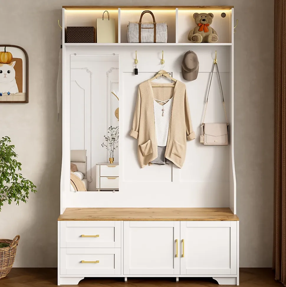 Meuble D'entrée Avec LED Et Miroir - Rangement Chaussures, Banc, Tiroirs - Moderne,blanc