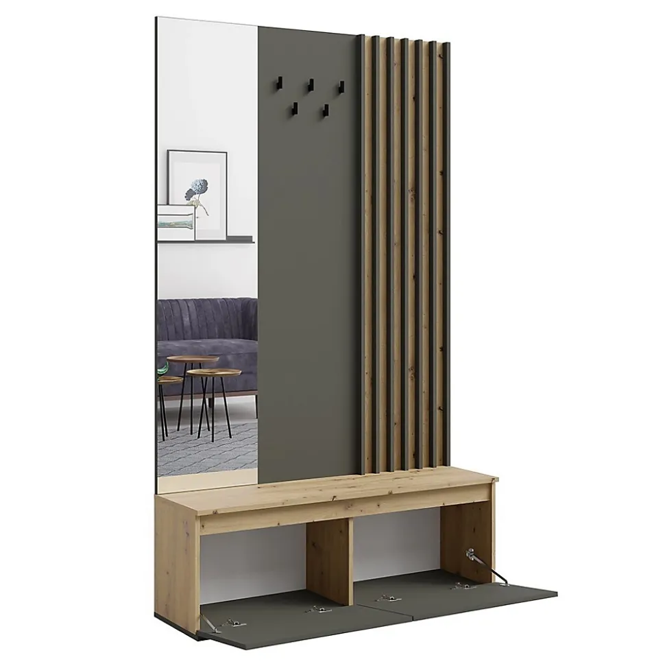 Meuble dentrée avec porte-manteau et miroir 120 cm - chene clair et gris anthracite - Collection NEMO