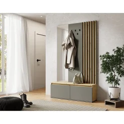 Meuble dentrée avec porte-manteau et miroir 120 cm - chene clair et gris anthracite - Collection NEMO