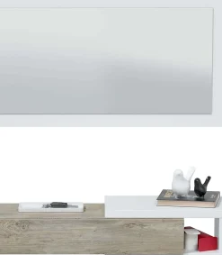 Meuble d'entrée avec un miroir coloris blanc artic / chêne - H.19 x L.95 x P.26 cm