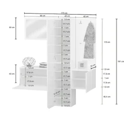 Meuble d'entrée Barengo, Armoire multifonctionnelle à 3 portes, Cintre mural avec miroir, 170x35h190 cm, Blanc