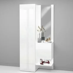 Meuble d'entrée Bauladu, Armoire multifonctionnelle avec 2 portes, Armoire polyvalente avec miroir, 90x35h190 cm, Blanc
