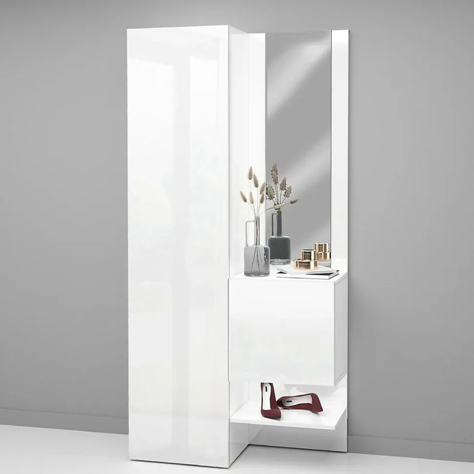 Meuble d'entrée Bauladu, Armoire multifonctionnelle avec 2 portes, Armoire polyvalente avec miroir, 90x35h190 cm, Blanc