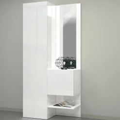 Meuble d'entrée Bauladu, Armoire multifonctionnelle avec 2 portes, Armoire polyvalente avec miroir, 90x35h190 cm, Blanc