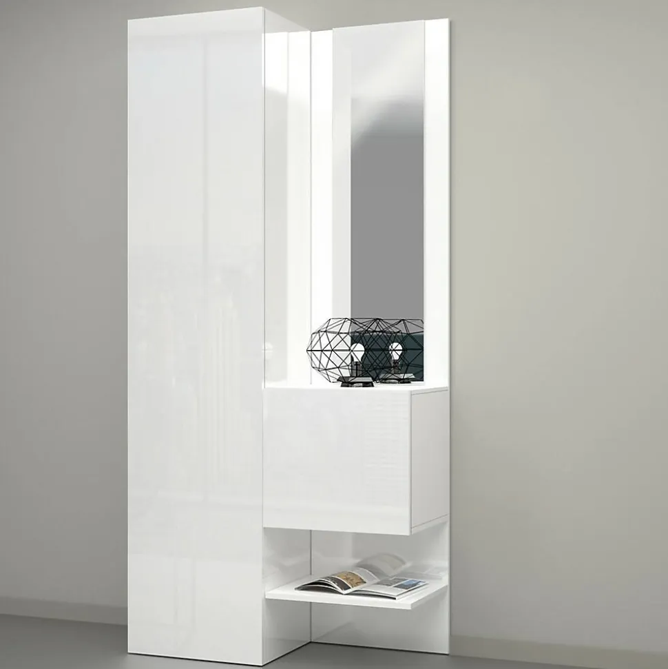 Meuble d'entrée Bauladu, Armoire multifonctionnelle avec 2 portes, Armoire polyvalente avec miroir, 90x35h190 cm, Blanc