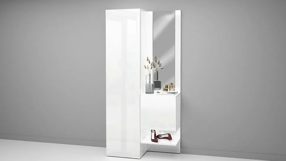 Meuble d'entrée Bauladu, Armoire multifonctionnelle avec 2 portes, Armoire polyvalente avec miroir, 90x35h190 cm, Blanc