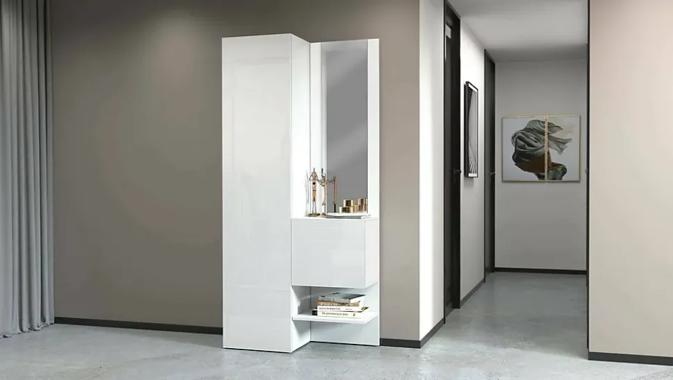 Meuble d'entrée Bauladu, Armoire multifonctionnelle avec 2 portes, Armoire polyvalente avec miroir, 90x35h190 cm, Blanc