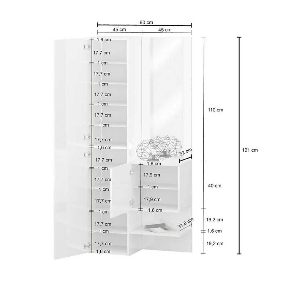 Meuble d'entrée Bauladu, Armoire multifonctionnelle avec 2 portes, Armoire polyvalente avec miroir, 90x35h190 cm, Blanc