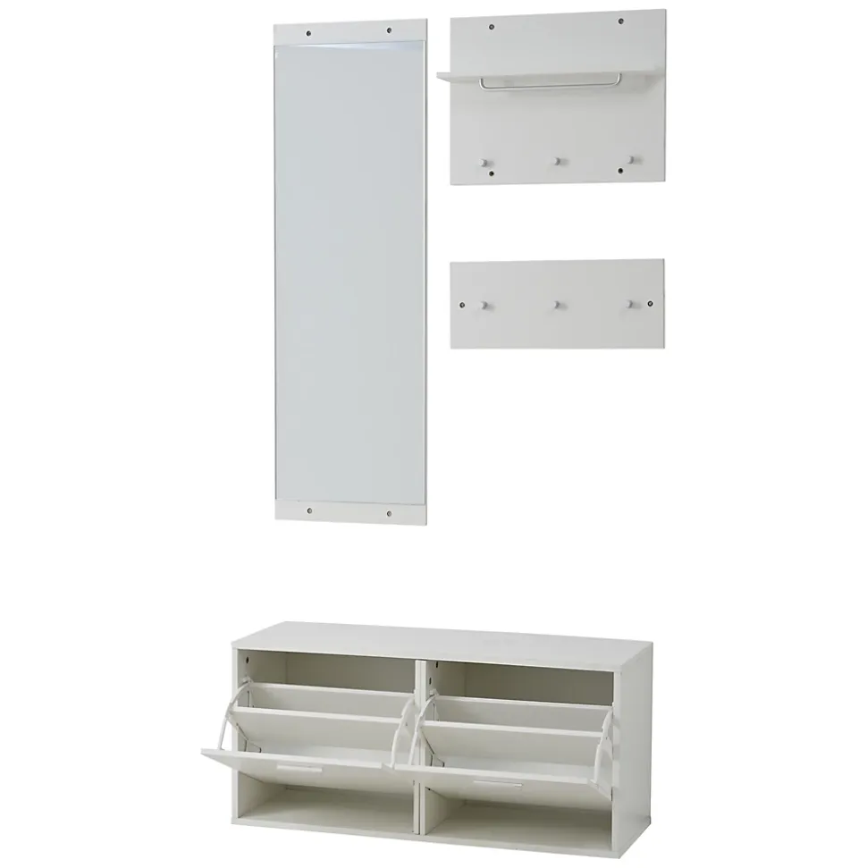 Meuble D'entrée Complet avec Porte-Manteau, Miroir et Étagères À Chaussures - ensemble 4 Pièces en Panneau de Particules - Blanc