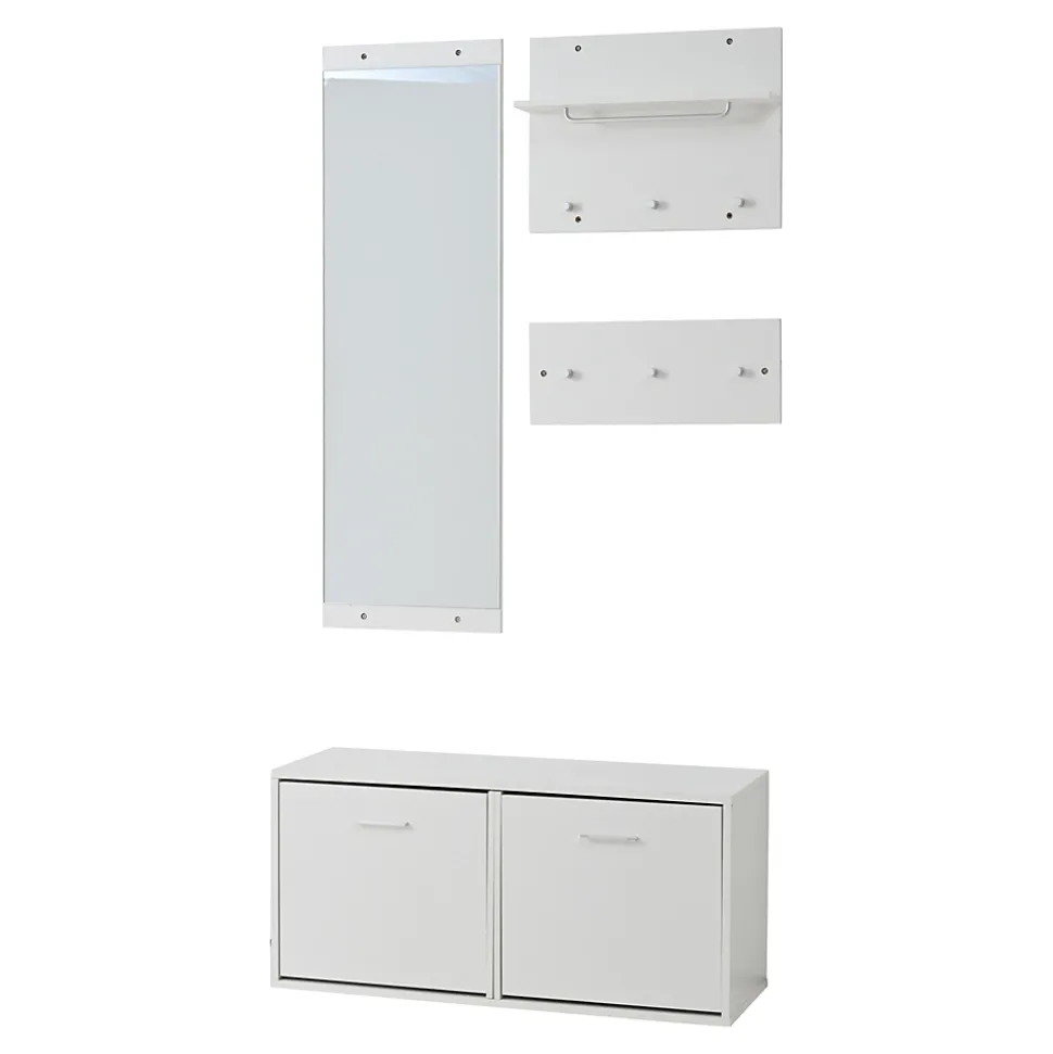 Meuble D'entrée Complet avec Porte-Manteau, Miroir et Étagères À Chaussures - ensemble 4 Pièces en Panneau de Particules - Blanc