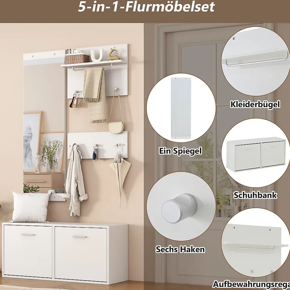 Meuble D'entrée Complet avec Porte-Manteau, Miroir et Étagères À Chaussures - ensemble 4 Pièces en Panneau de Particules - Blanc