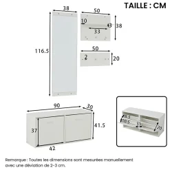 Meuble D'entrée Complet avec Porte-Manteau, Miroir et Étagères À Chaussures - ensemble 4 Pièces en Panneau de Particules - Blanc