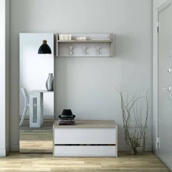 Meuble d'entrée Dap, Entrée moderne avec portemanteau, Meuble avec Etagere à chaussures, 50x32h182 cm, Chêne et Blanc