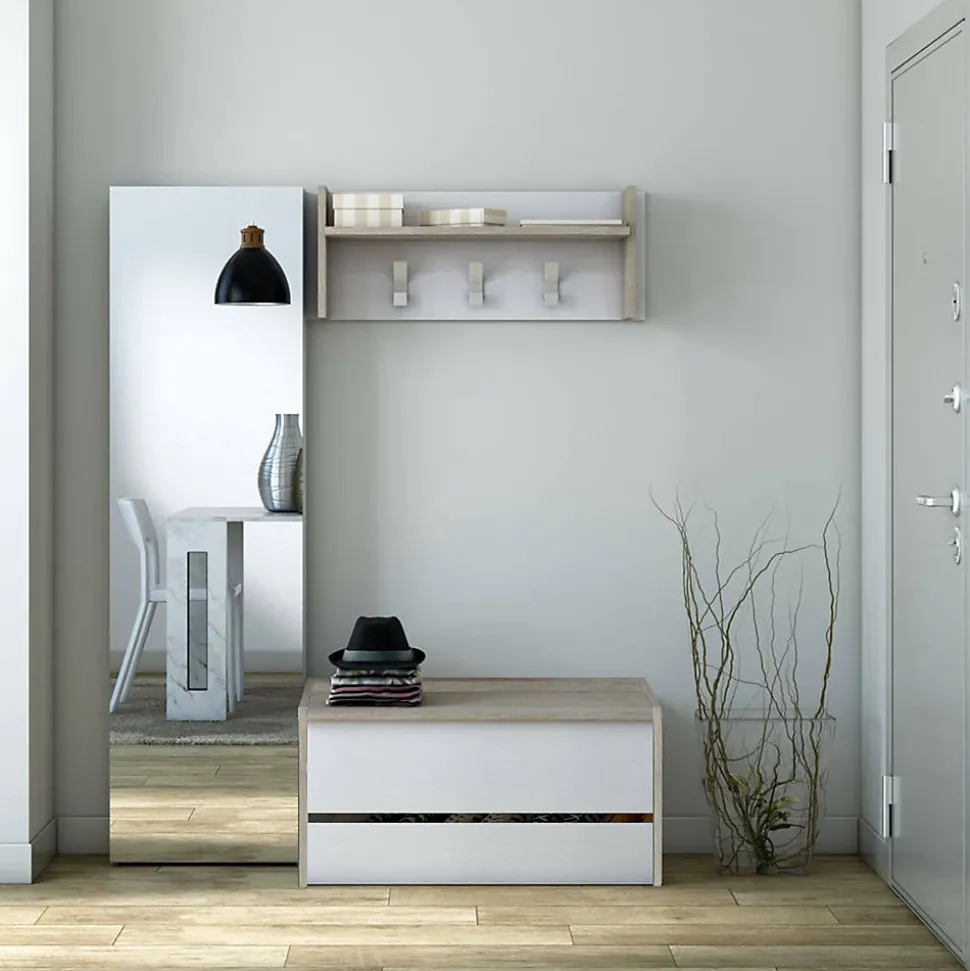 Meuble d'entrée Dap, Entrée moderne avec portemanteau, Meuble avec Etagere à chaussures, 50x32h182 cm, Chêne et Blanc