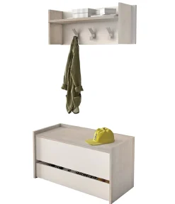 Meuble d'entrée Dap, Entrée moderne avec portemanteau, Meuble avec Etagere à chaussures, 50x32h182 cm, Chêne et Blanc