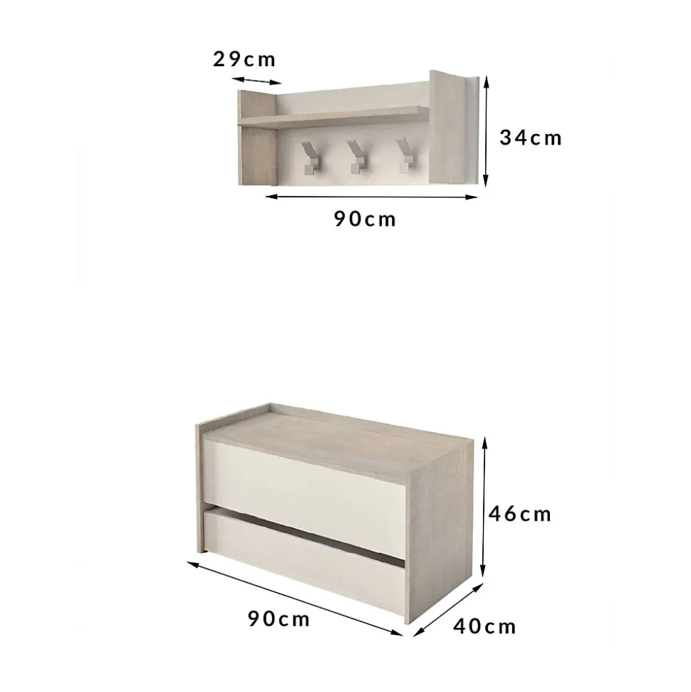 Meuble d'entrée Dap, Entrée moderne avec portemanteau, Meuble avec Etagere à chaussures, 50x32h182 cm, Chêne et Blanc