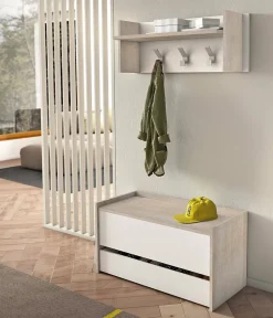 Meuble d'entrée Dap, Entrée moderne avec portemanteau, Meuble avec Etagere à chaussures, 50x32h182 cm, Chêne et Blanc