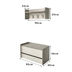 Meuble d'entrée Dap, Entrée moderne avec portemanteau, Meuble avec Etagere à chaussures, 50x32h182 cm, Ciment et Blanc